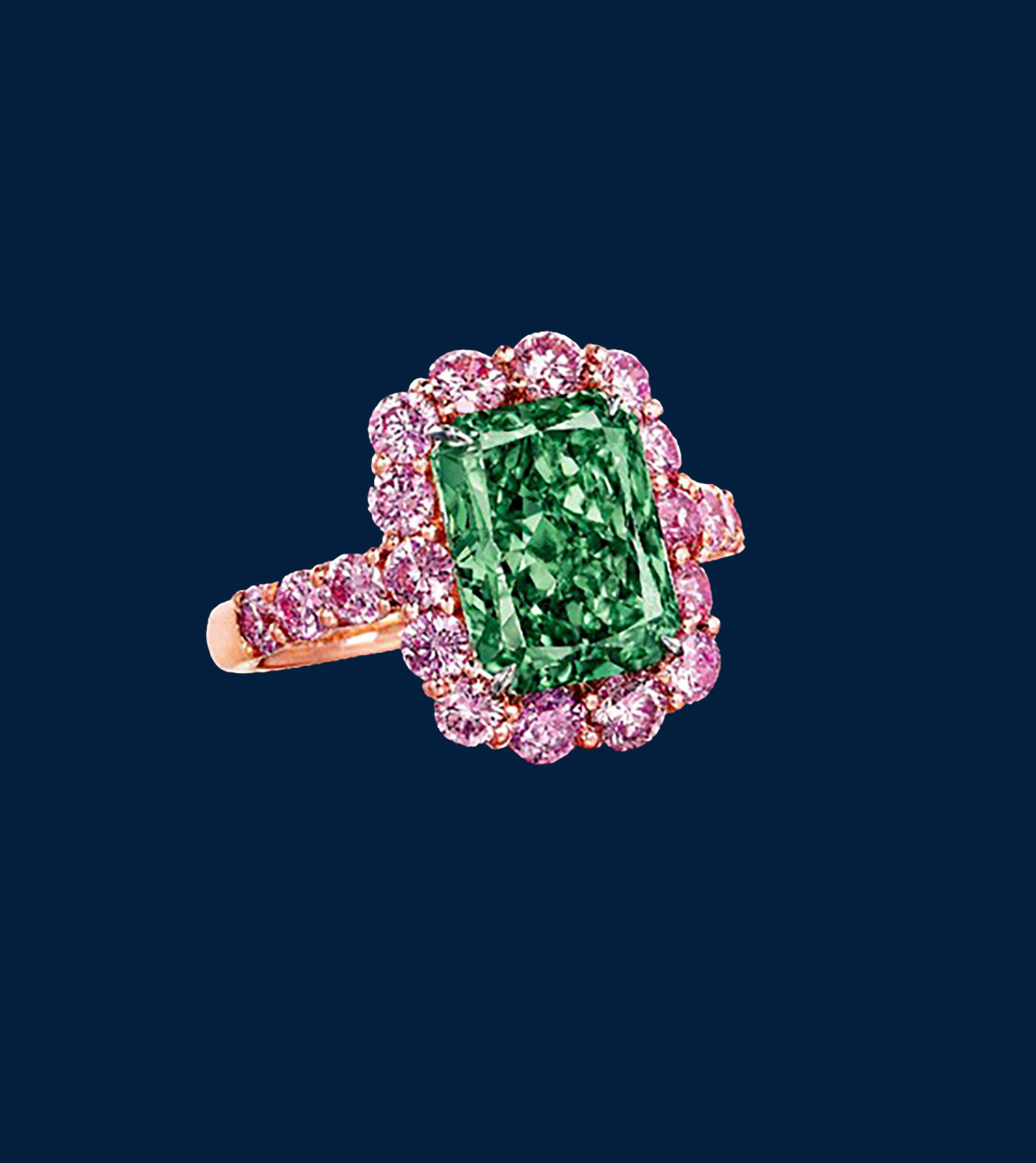 Aurora Green Diamond ring on a blue background. 5.03 Carat Fancy Vivid Green Center diamond surrounded by pink diamonds.