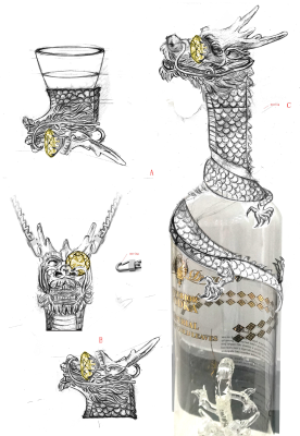 An illustration of the design for a bottle of vodka designed to house a large natural yellow diamond as the eye of a dragon head.